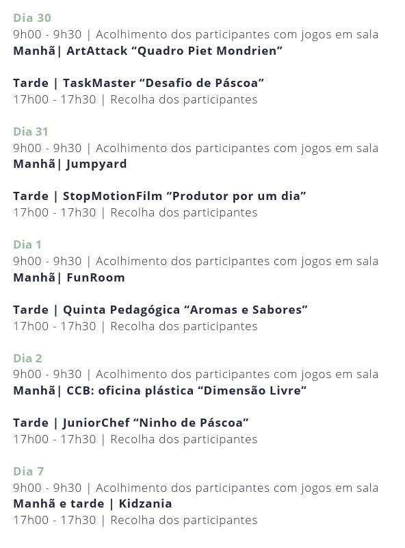 Campo de Férias em Benfica - programa