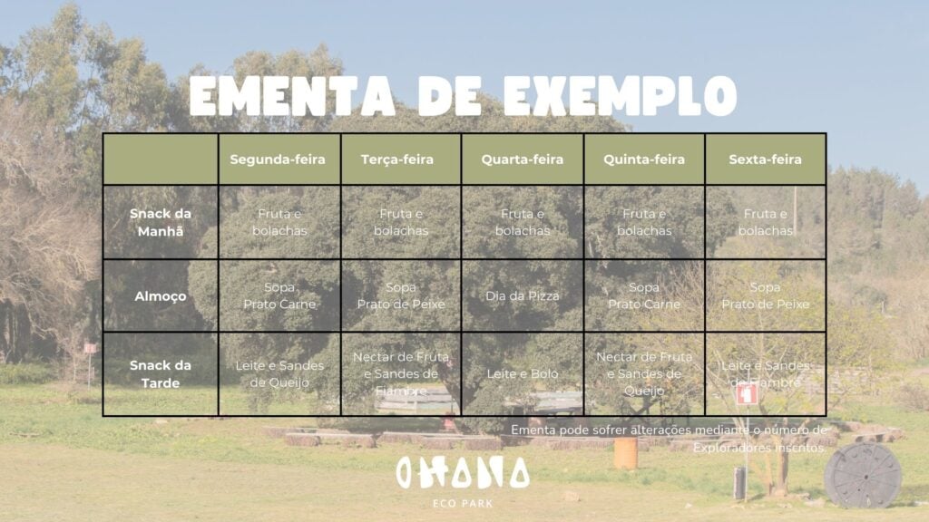 Ementa Campo de Férias Cascais OHANA ECO PARK
