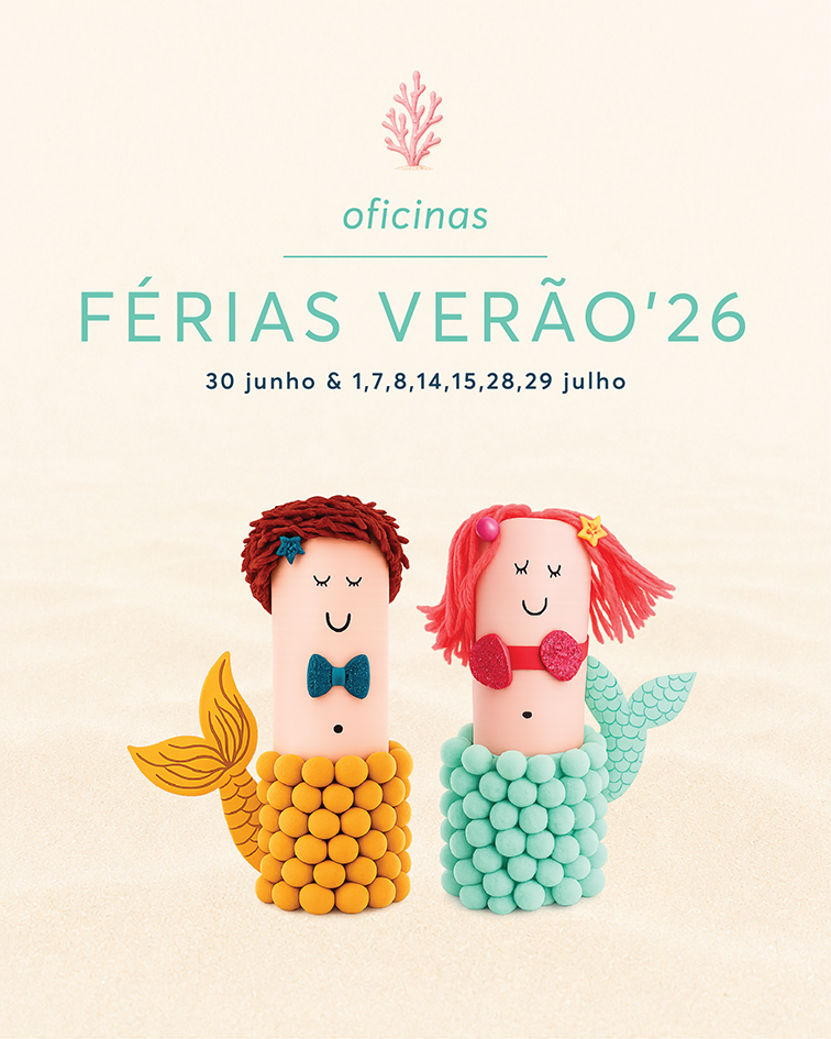 Cartaz das Oficinas de Verão n’O Jardim com personagens criativas feitas à mão