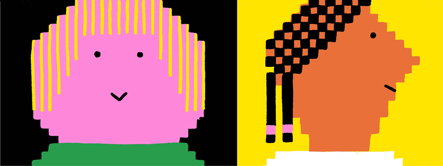 ilustração de duas caras sobre fundos coloridos