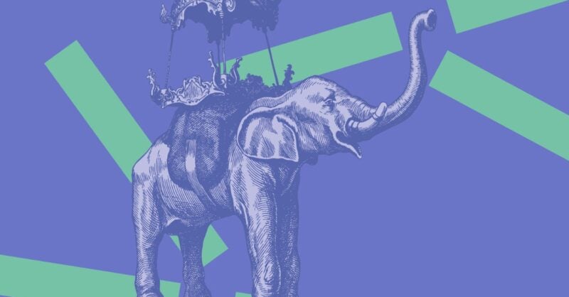 Ilustração de um elefante com um baldaquino sobre o dorso, tendo como fundo uma composição gráfica azul com retângulos verdes