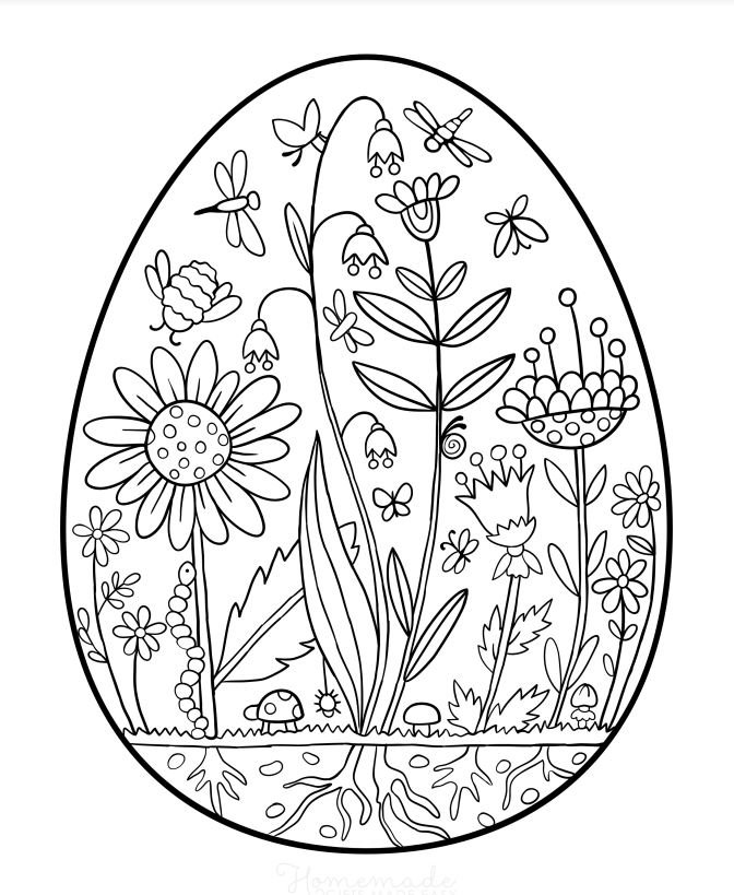 ovo da Páscoa para colorir com flores e plantas